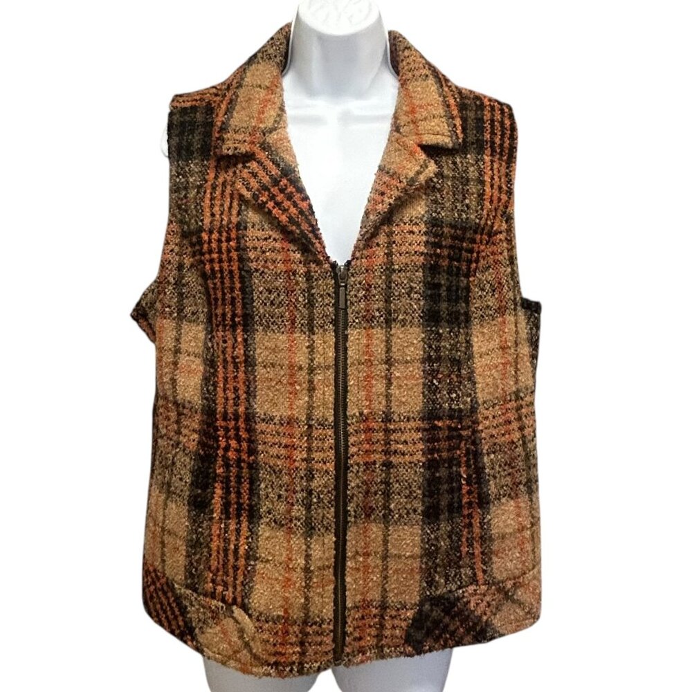 Christopher & Banks Full Zip Plaid Brown Orange Rustic Country Vest Size L